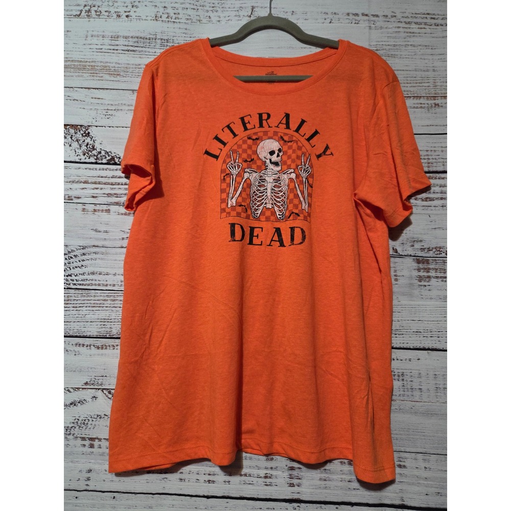 Way to Celebrate Halloween Literally Dead Skeleton Orange Graphic Tee XXL 20